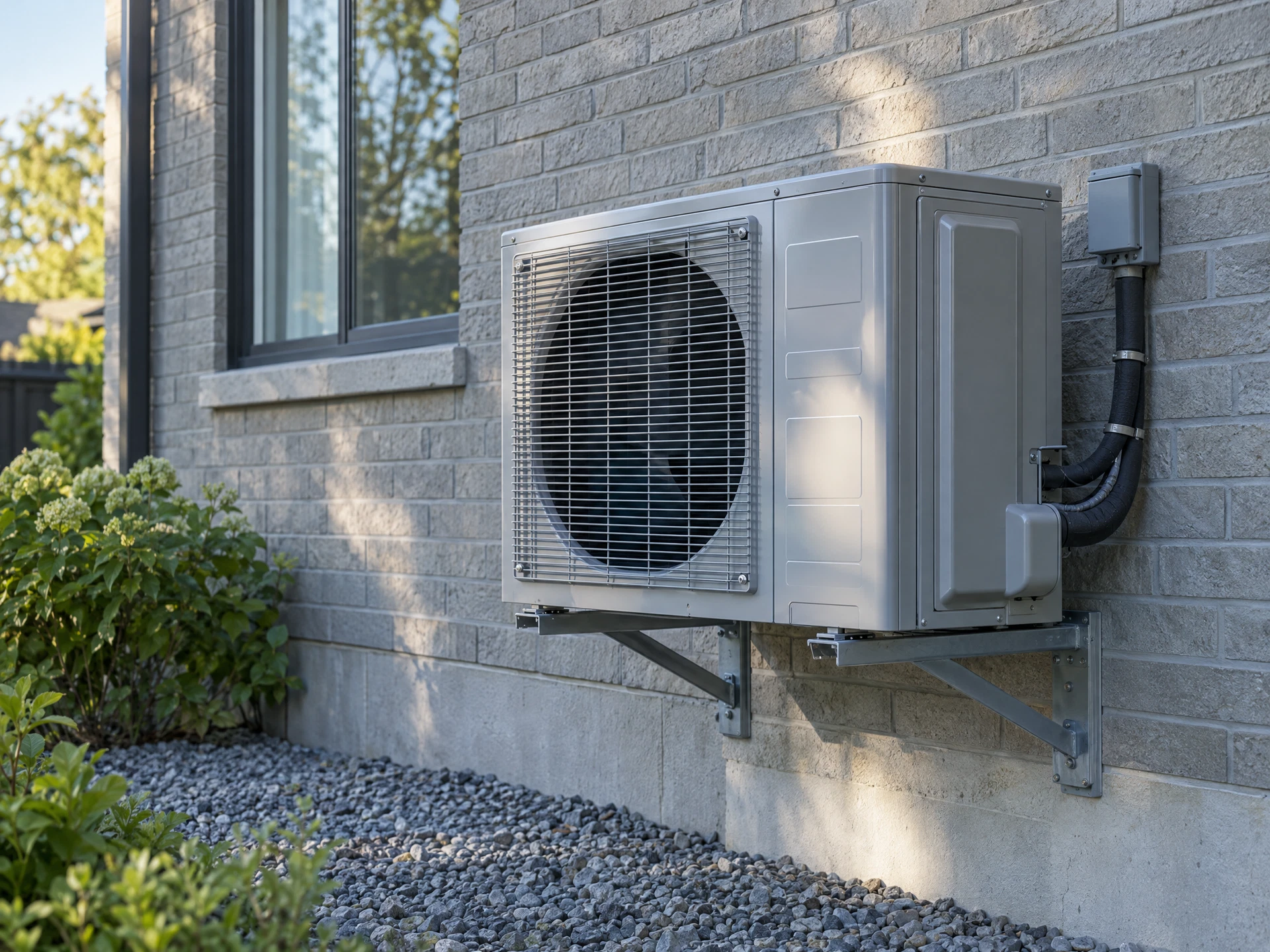 Illustrative outdoor heat pump installed against a residential brick wall