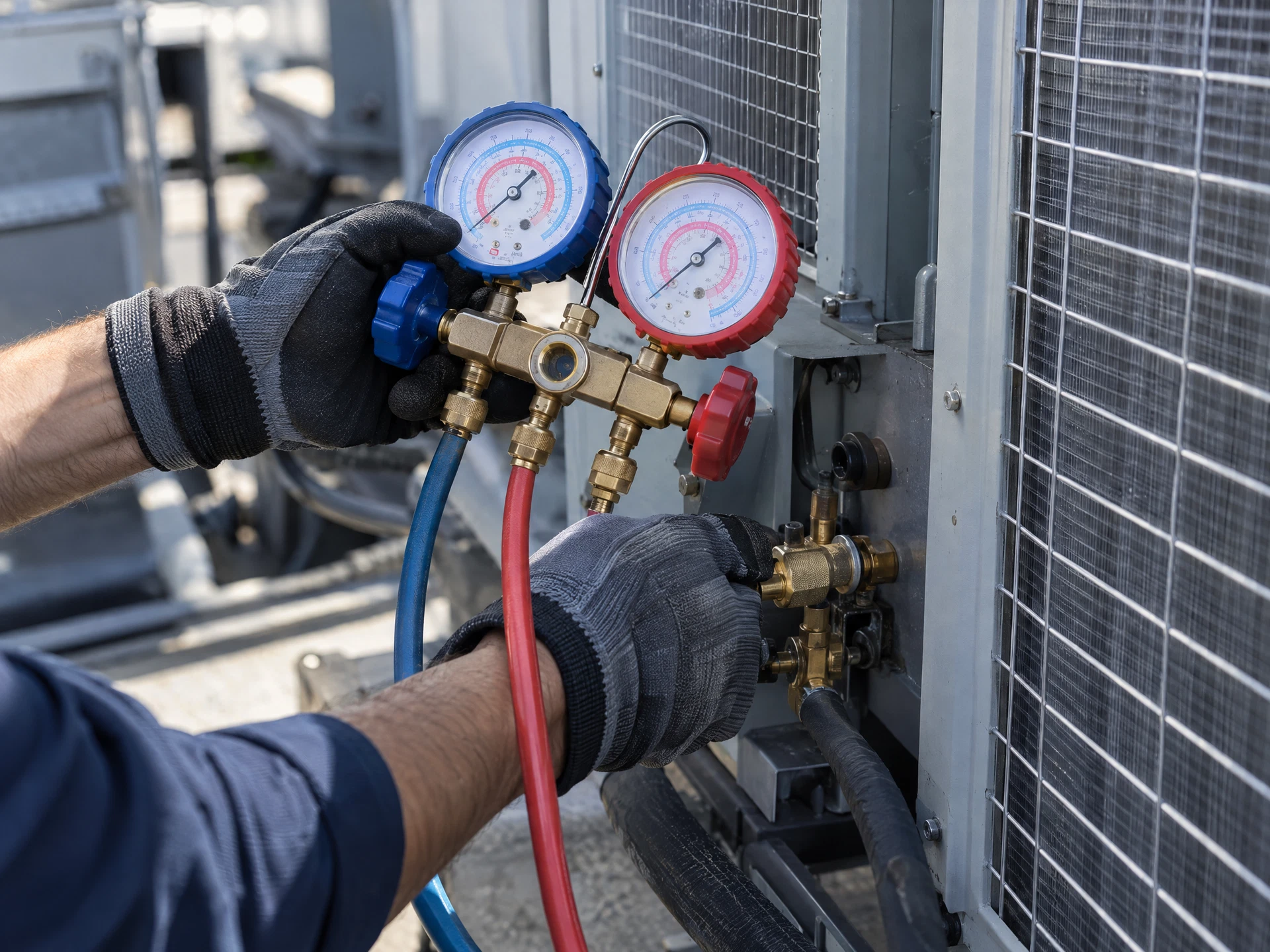 Illustrative pressure gauges and gloved hands during HVAC equipment servicing
