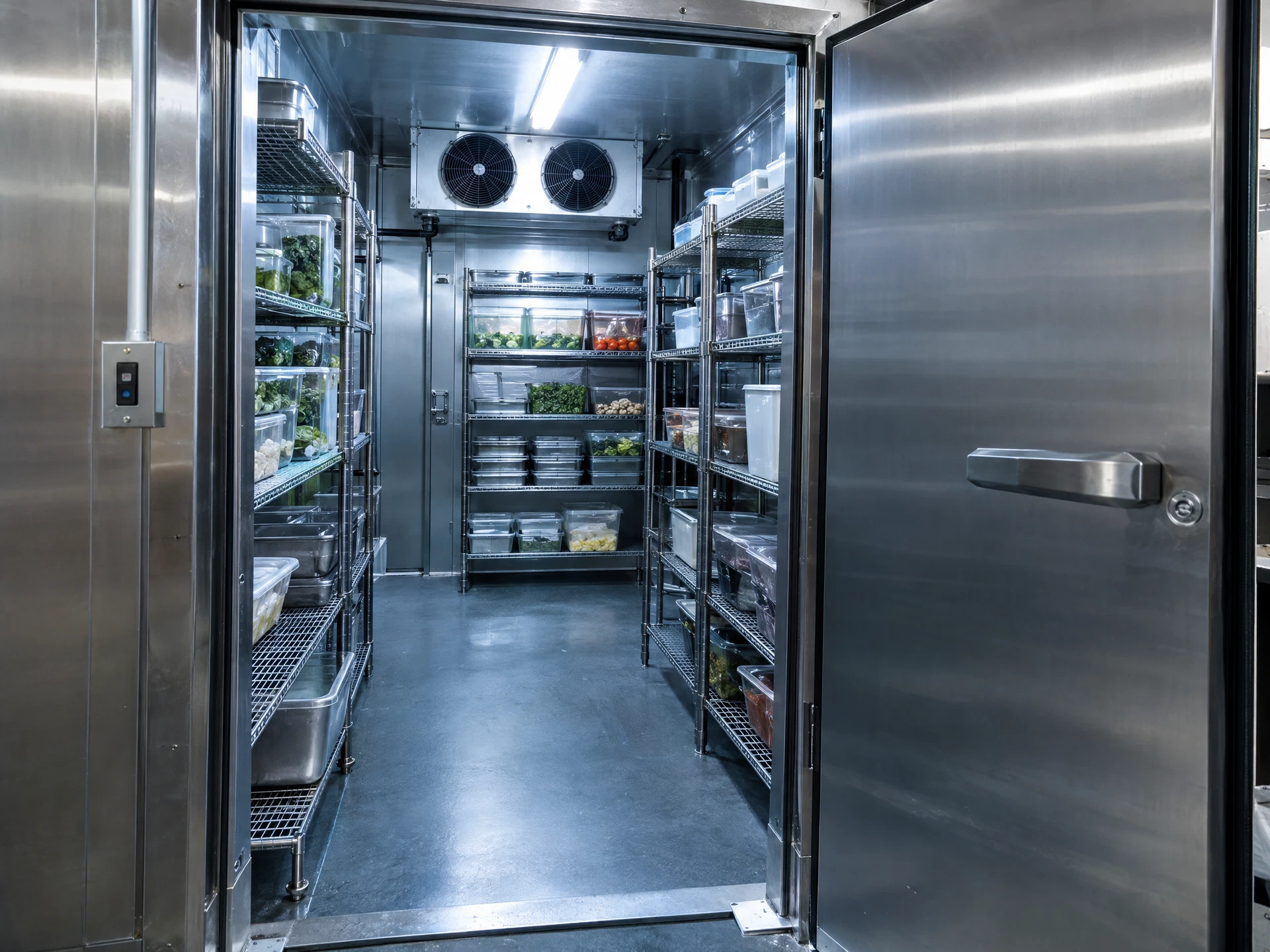 Illustrative commercial walk-in cooler with stainless steel shelving